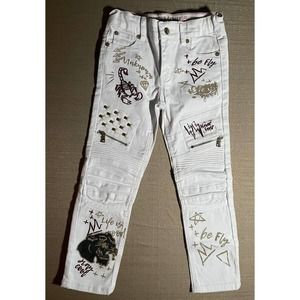 Dstrkt Denim Girls White Jeans Size 7-8 Embroidered All Over Be Fly Stay Cool